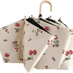 Portable Cherry Sun Umbrella with UPF50+ UV Protection, Foldable Compact Sun & Rain Travel Umbrellas with Curved Hook