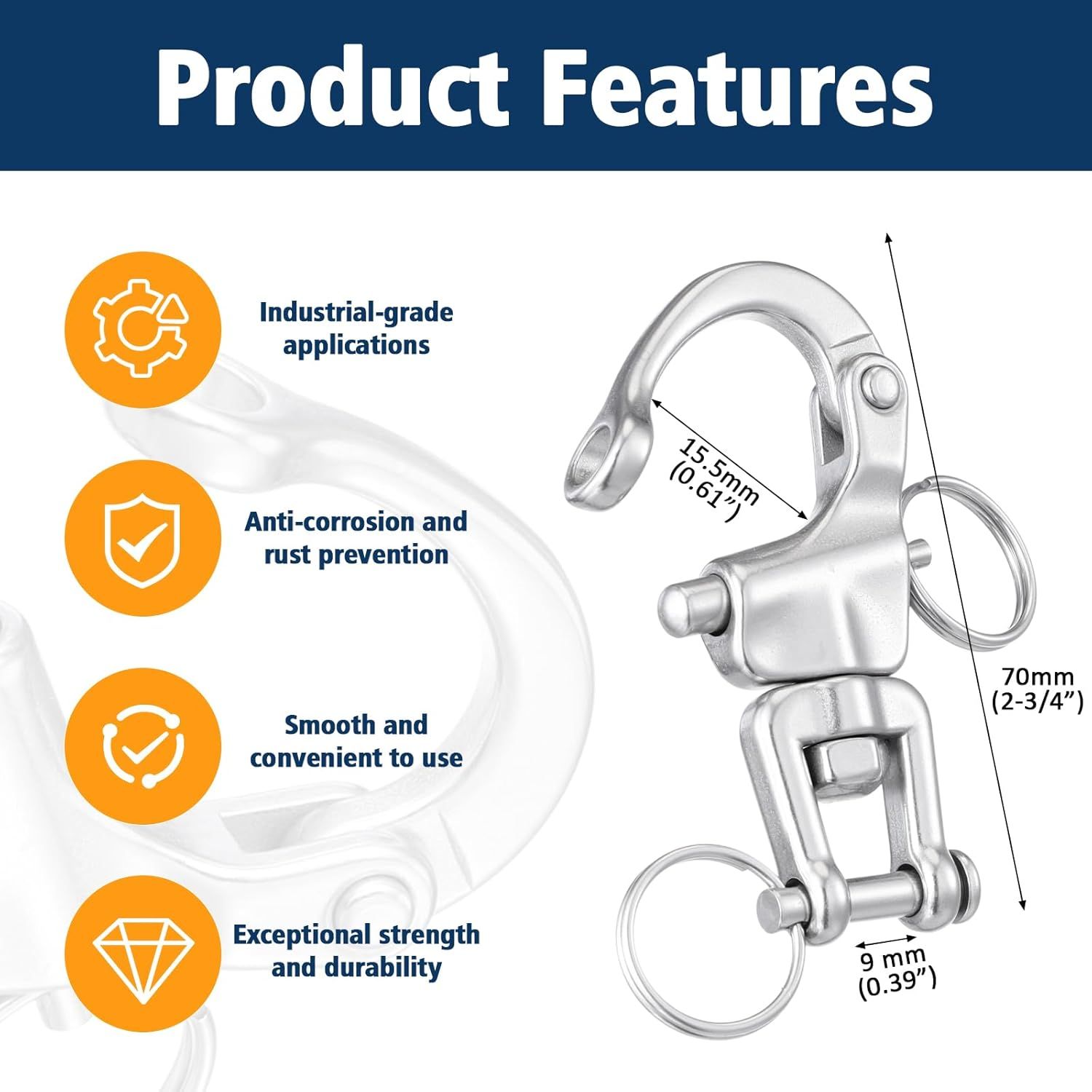 316 Stainless Steel Swivel Snap Shackle 70mm 2 316 Stainless Steel Swivel Snap Shackle 70mm - Image 2