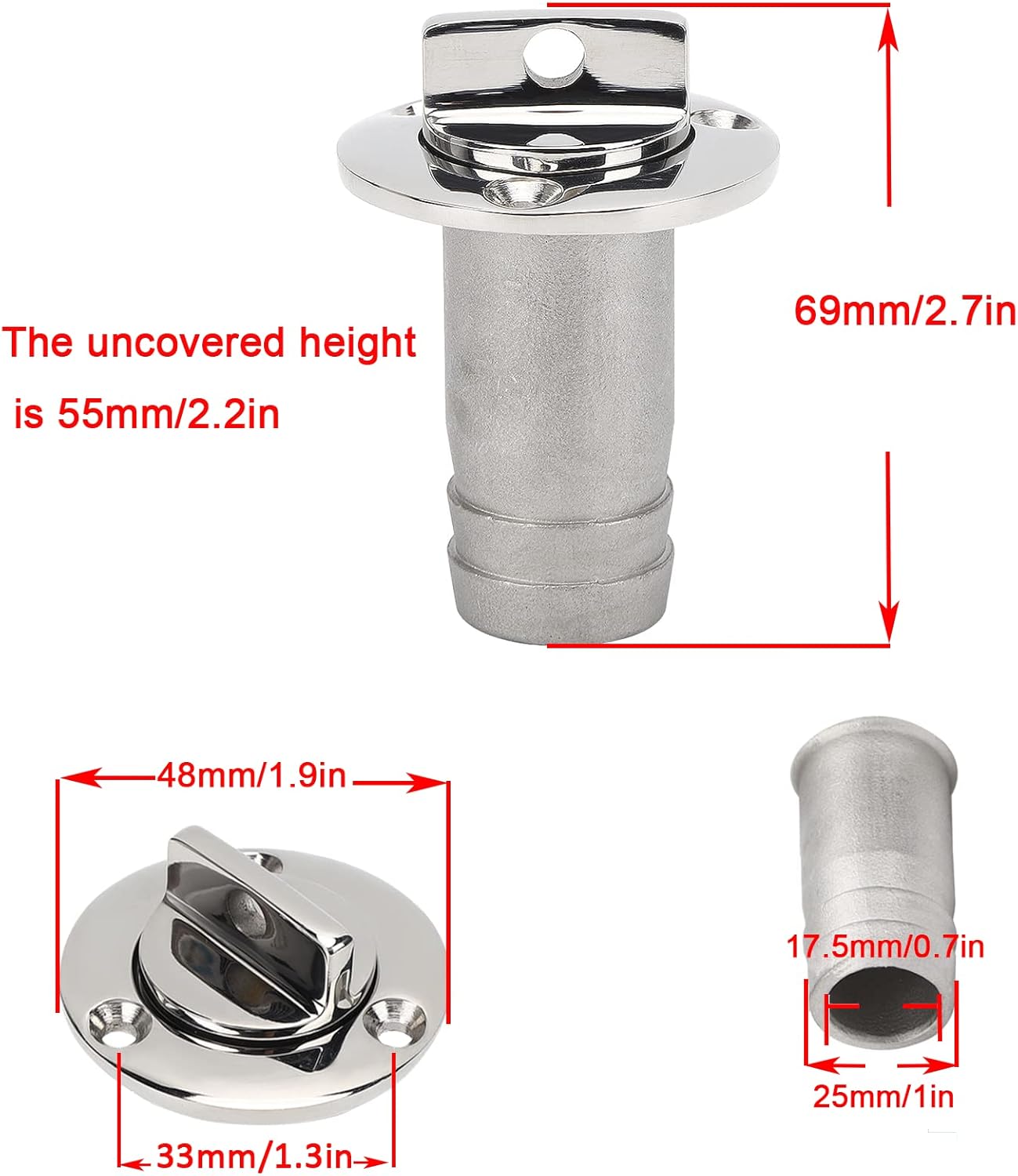 1" Boat Fuel Deck Fill with Keyless Cap and Marine Mirror - 316 Stainless Steel 2 1" Boat Fuel Deck Fill with Keyless Cap and Marine Mirror - 316 Stainless Steel - Image 2