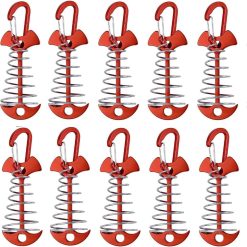 10 Pcs Fishbone Tent Stakes with Carabiners ， Aluminum Alloy & Stainless Steel Windproof Anchors with Carabiners， Deck Spring Tensioner for Camping Canopy, Hiking Gear，Essential for Mountain Climbing