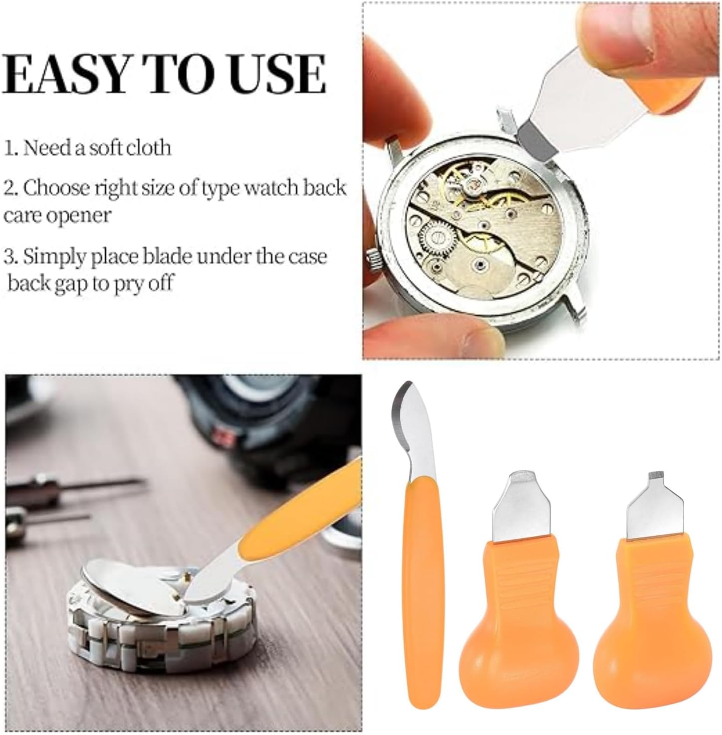 3pcs Watch Back Case Remover Tool Kit ,2 in 1 Watch Back Case Cover Opener Knife & Watch Battery Change Remover Replacement for Watchmakers Repair Tool Fix Tool Set. (Orange color) 4 3pcs Watch Back Case Remover Tool Kit ,2 in 1 Watch Back Case Cover Opener Knife & Watch Battery Change Remover Replacement for Watchmakers Repair Tool Fix Tool Set. (Orange color) - Image 4
