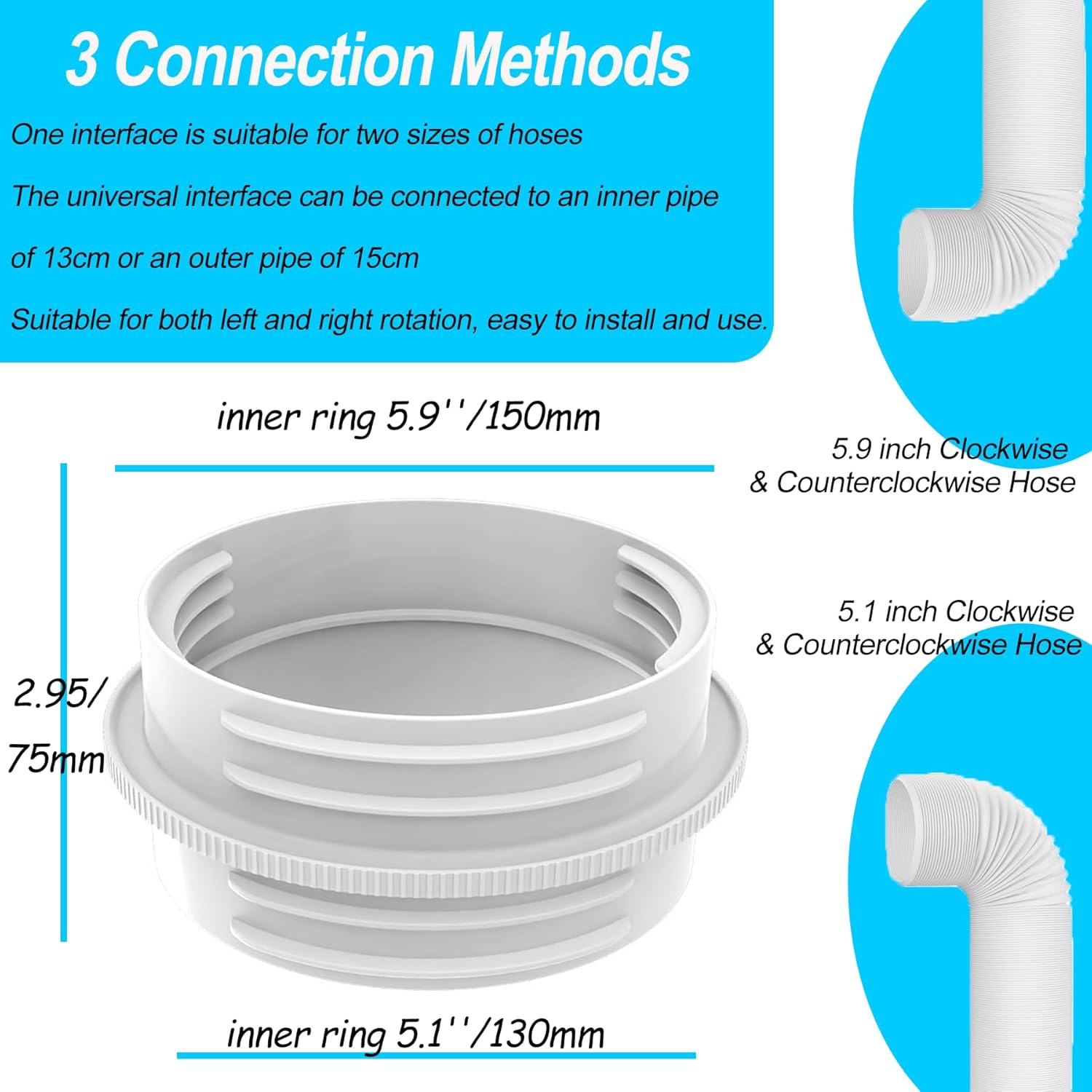 Portable Air Conditioner Exhaust Hose Connector, Both 5.1"/5.9" Exhasut Vent Hoses with Clockwise & Counter Clockwise, Universal Mobile AC Unit Vent Hose Coupler Coupling Extension 5 Portable Air Conditioner Exhaust Hose Connector, Both 5.1"/5.9" Exhasut Vent Hoses with Clockwise & Counter Clockwise, Universal Mobile AC Unit Vent Hose Coupler Coupling Extension - Image 5