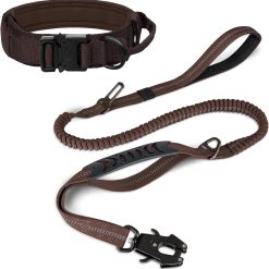 Tactical Dog Collar(17"-21") and Leash Set, Shock Absorbing Bungee Adjustable Strong Collar with Handle for Large Dogs(Brown, L) -