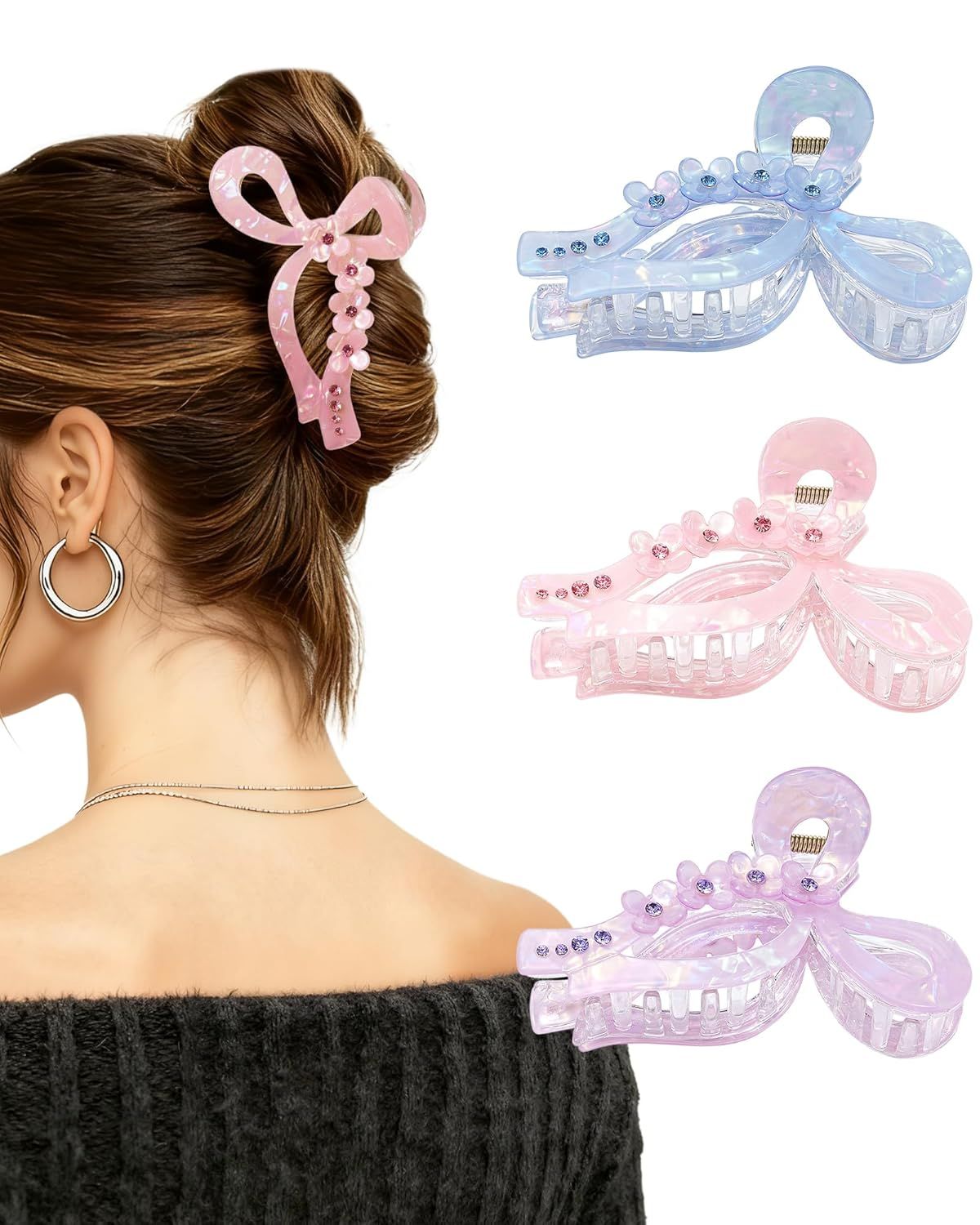 Acrylic Bow Hair Clip Set, 4.3" Claw Clips for Thick Hair 1 Acrylic Bow Hair Clip Set, 4.3" Claw Clips for Thick Hair