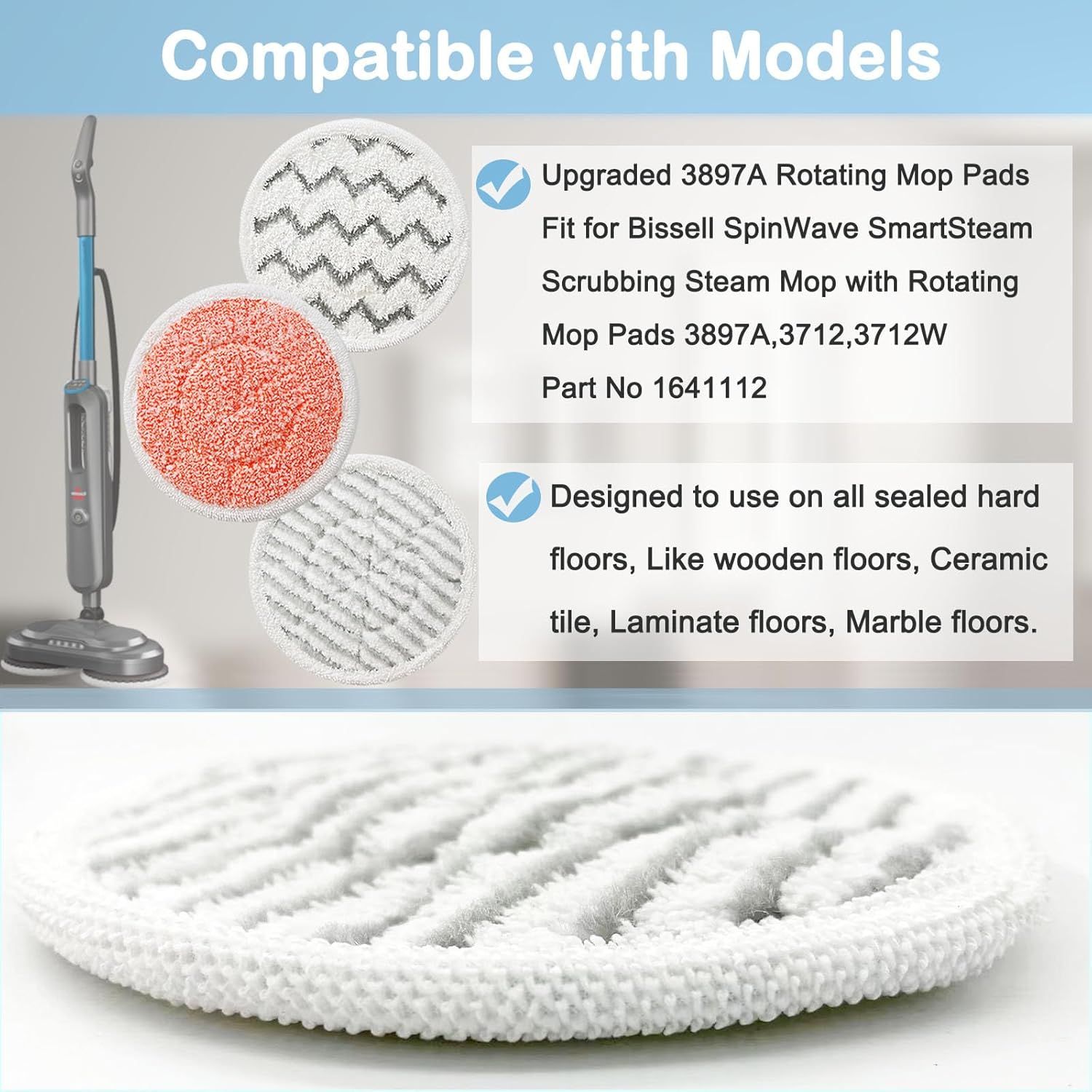 8 Pack Rotating Mop Pads for Bissell 3897A SmartSteam 3 8 Pack Rotating Mop Pads for Bissell 3897A SmartSteam - Image 3