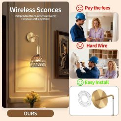 Alternative view of Battery Operated Wall Sconce Set of 2, Rechargeable Rattan LED, Remote, 3 Color Dimmable