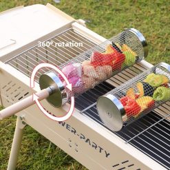 Alternative view of Food-grade stainless steel rotisserie skewer, 360° rotatable, with heat-resistant wooden handle—outdoor camping barbecue tool (Large)