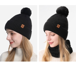 Alternative view of Women's Fashionable Winter 3-Piece Set: Knit Hat, Scarf, and Gloves.  A must-have for outdoor skiing and cycling - Black