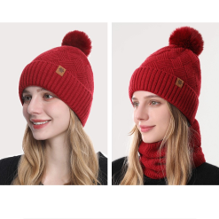 Alternative view of Women's Fashionable Winter 3-Piece Set: Knit Hat, Scarf, and Gloves.  A must-have for outdoor skiing and cycling - Red