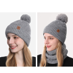 Alternative view of Women's Fashionable Winter 3-Piece Set: Knit Hat, Scarf, and Gloves.  A must-have for outdoor skiing and cycling—Gray