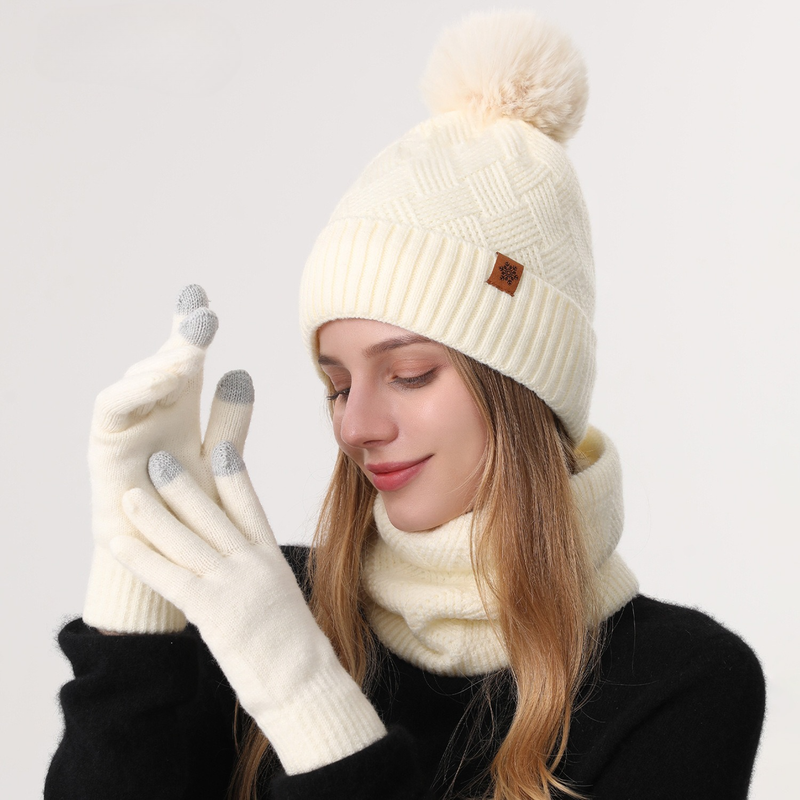 Women's Fashionable Winter 3-Piece Set: Knit Hat, Scarf, and Gloves. A must-have for outdoor skiing and cycling - Off-White 1 Women's Fashionable Winter 3-Piece Set: Knit Hat, Scarf, and Gloves. A must-have for outdoor skiing and cycling - Off-White