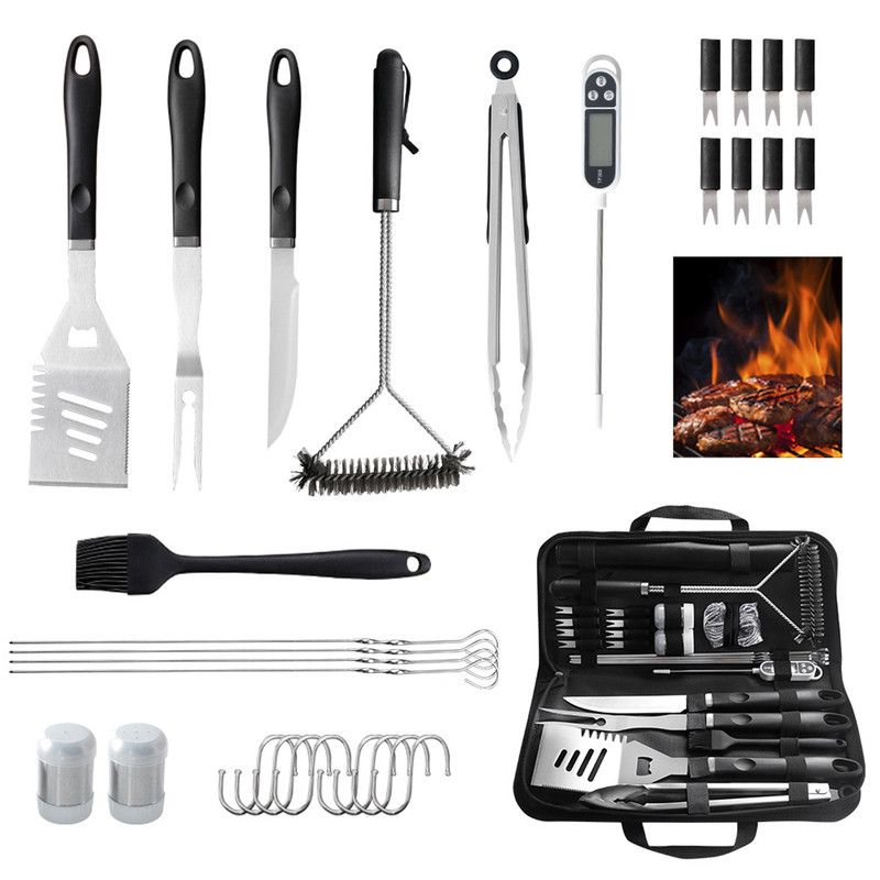 Complete Multi-Functional BBQ Tool Set, 31-Piece Deluxe BBQ Tool Set, Food-Grade Stainless Steel BBQ Tools with Wood-Grain Handles—Ideal for Home and Outdoor BBQs, Includes Portable Camping Storage Bag—Black 1 Complete Multi-Functional BBQ Tool Set, 31-Piece Deluxe BBQ Tool Set, Food-Grade Stainless Steel BBQ Tools with Wood-Grain Handles—Ideal for Home and Outdoor BBQs, Includes Portable Camping Storage Bag—Black
