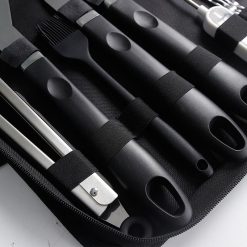 Complete Multi-Functional BBQ Tool Set, 31-Piece Deluxe BBQ Tool Set, Food-Grade Stainless Steel BBQ Tools with Wood-Grain Handles—Ideal for Home and Outdoor BBQs, Includes Portable Camping Storage Bag—Black 11 V1265 AU006 HEI 02