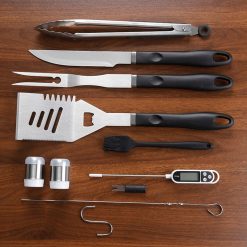 Complete Multi-Functional BBQ Tool Set, 31-Piece Deluxe BBQ Tool Set, Food-Grade Stainless Steel BBQ Tools with Wood-Grain Handles—Ideal for Home and Outdoor BBQs, Includes Portable Camping Storage Bag—Black 16 V1265 AU006 HEI 07