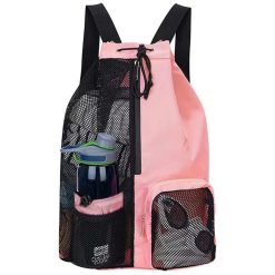 Mesh Beach Backpack with Wet Pocket Drawstring Waterproof Swimming Gym Bag for Men Women - Pink