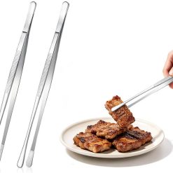 2 Pack 30cm BBQ Tongs Stainless Steel Round and Straight Head for Grilling Cooking - Silver