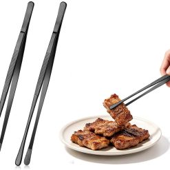 2 Pack 30cm BBQ Tongs Stainless Steel Round and Straight Head for Grilling Cooking - Black