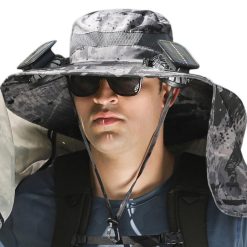 Outdoor Wide Brim Sun Hat With 2 Solar Fans Fishing And Beach Hat With Built In Fan -Patterned Grey