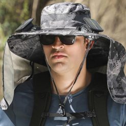 Alternative view of Outdoor Wide Brim Sun Hat With 2 Solar Fans Fishing And Beach Hat With Built In Fan -Patterned Grey