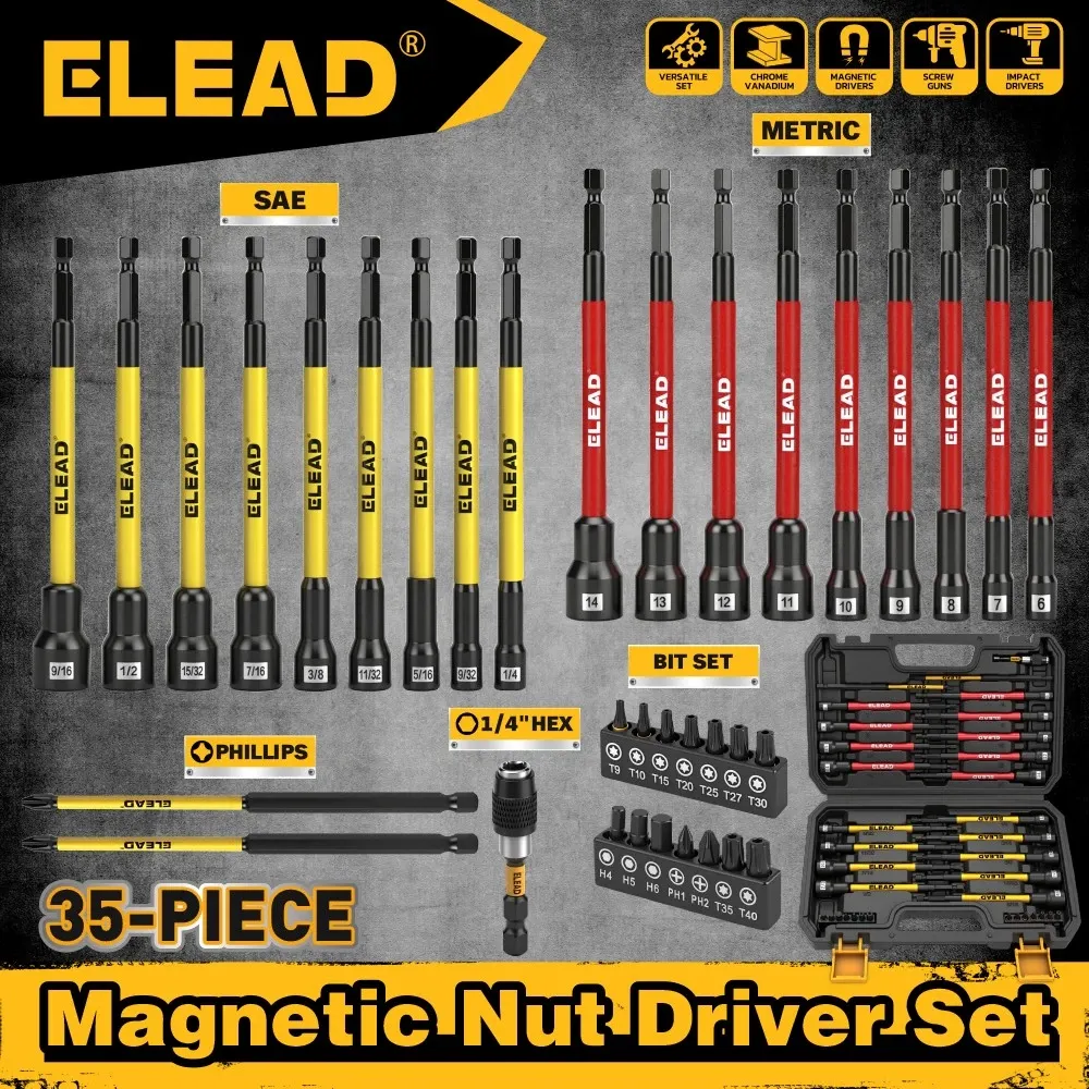35-Piece Magnetic Nut Driver Bit Set Metric SAE 1/4" Hex 1 35-Piece Magnetic Nut Driver Bit Set Metric SAE 1/4" Hex