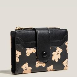 Black Cute Bear Print Bifold Wallet - PU Leather & Polyester Card Holder with Zip Coin Purse & ID Window - Compact Foldable Wallet for Women & Students