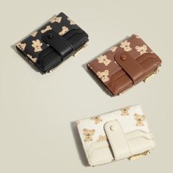Alternative view of Black Cute Bear Print Bifold Wallet - PU Leather & Polyester Card Holder with Zip Coin Purse & ID Window - Compact Foldable Wallet for Women & Students