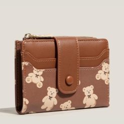 Brown Cute Bear Print Bifold Wallet - PU Leather & Polyester Card Holder with Zip Coin Purse & ID Window - Compact Foldable Wallet for Women & Students