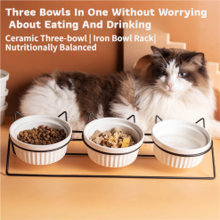 Alternative view of Triple Slanted Ceramic Pet Bowl Set with Elevated Iron Stand and Non Slip Base - 3 x 300ML Versatile Black Cat Paw Print Pattern Dishes for Water & Food