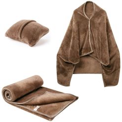 3-in-1 Envelope Folding Travel Blanket / Pillow / Wearable Snap-on Shawl - Soft Thickened 230GSM Flannel Nap Blanket for Airplane, Office and Home, Space Saving & Machine Washable, Coffee 40 x 60 inch