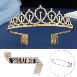 2-piece Golden Birthday Girl Tiara and Sash Set - Elegant Rhinestone Alloy Crown with , Glitter "BIRTHDAY GIRL" Sash & Safety Pin - Perfect Princess Party Accessory for Women and Girls