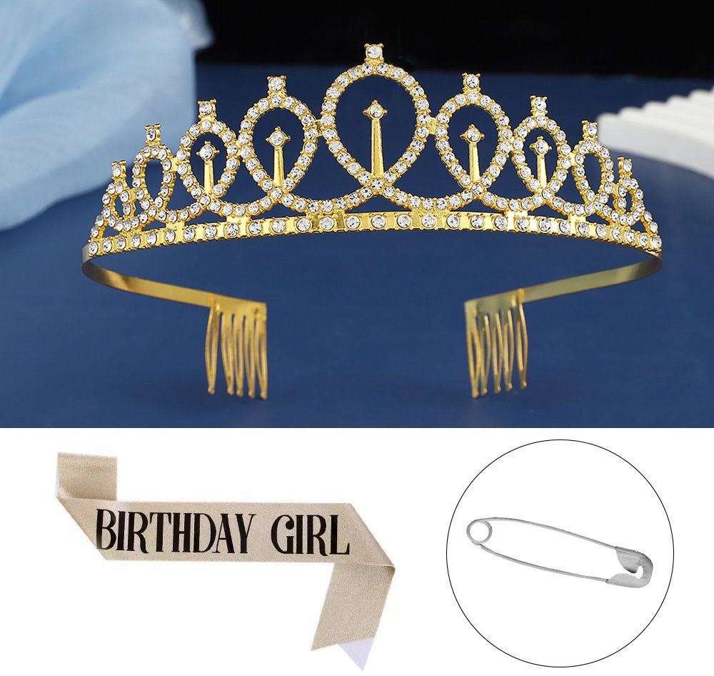 2-piece Golden Birthday Girl Tiara and Sash Set - Elegant Rhinestone Alloy Crown with , Glitter "BIRTHDAY GIRL" Sash & Safety Pin - Perfect Princess Party Accessory for Women and Girls 1 2-piece Golden Birthday Girl Tiara and Sash Set - Elegant Rhinestone Alloy Crown with , Glitter "BIRTHDAY GIRL" Sash & Safety Pin - Perfect Princess Party Accessory for Women and Girls