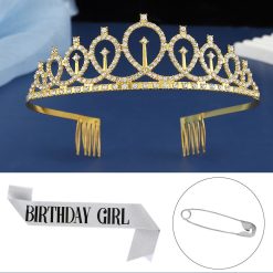 2-piece Golden and Silvery Birthday Girl Tiara and Sash Set - Elegant Rhinestone Alloy Crown with , Glitter "BIRTHDAY GIRL" Sash & Safety Pin - Perfect Princess Party Accessory for Women and Girls
