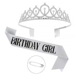 2-piece Silvery Birthday Girl Tiara and Sash Set - Elegant Rhinestone Alloy Crown with , Glitter "BIRTHDAY GIRL" Sash & Safety Pin - Perfect Princess Party Accessory for Women and Girls
