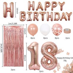 Rose Gold 18th Birthday Balloon Decoration Set - Foil Number Balloons, Happy Birthday Letter Banner, Tassel Curtain, Confetti Balloons, Latex Balloons & Tape - Complete Party Decor Kit for 18th, 21st, 30th Birthdays