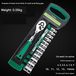 Green 1/4-inch drive 24-tooth ratchet and socket set