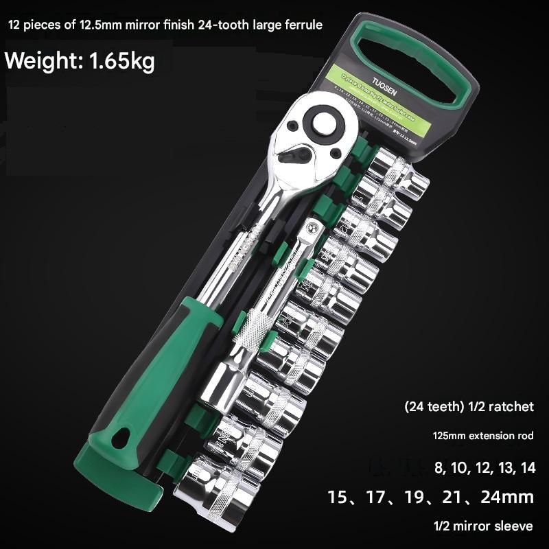 Green 12-Piece Socket Set with Quick-Release Ratchet 1 Green 12-Piece Socket Set with Quick-Release Ratchet