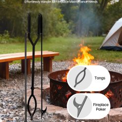 Alternative view of Fireplace Tool Set, 3 PCS Fire Tool Set and Holder with Stand, Tongs, Fire Place Poker, Wrought Iron Fireplace Accessories for Campfire Backyard Bonfire Indoor/Outdoor, Black