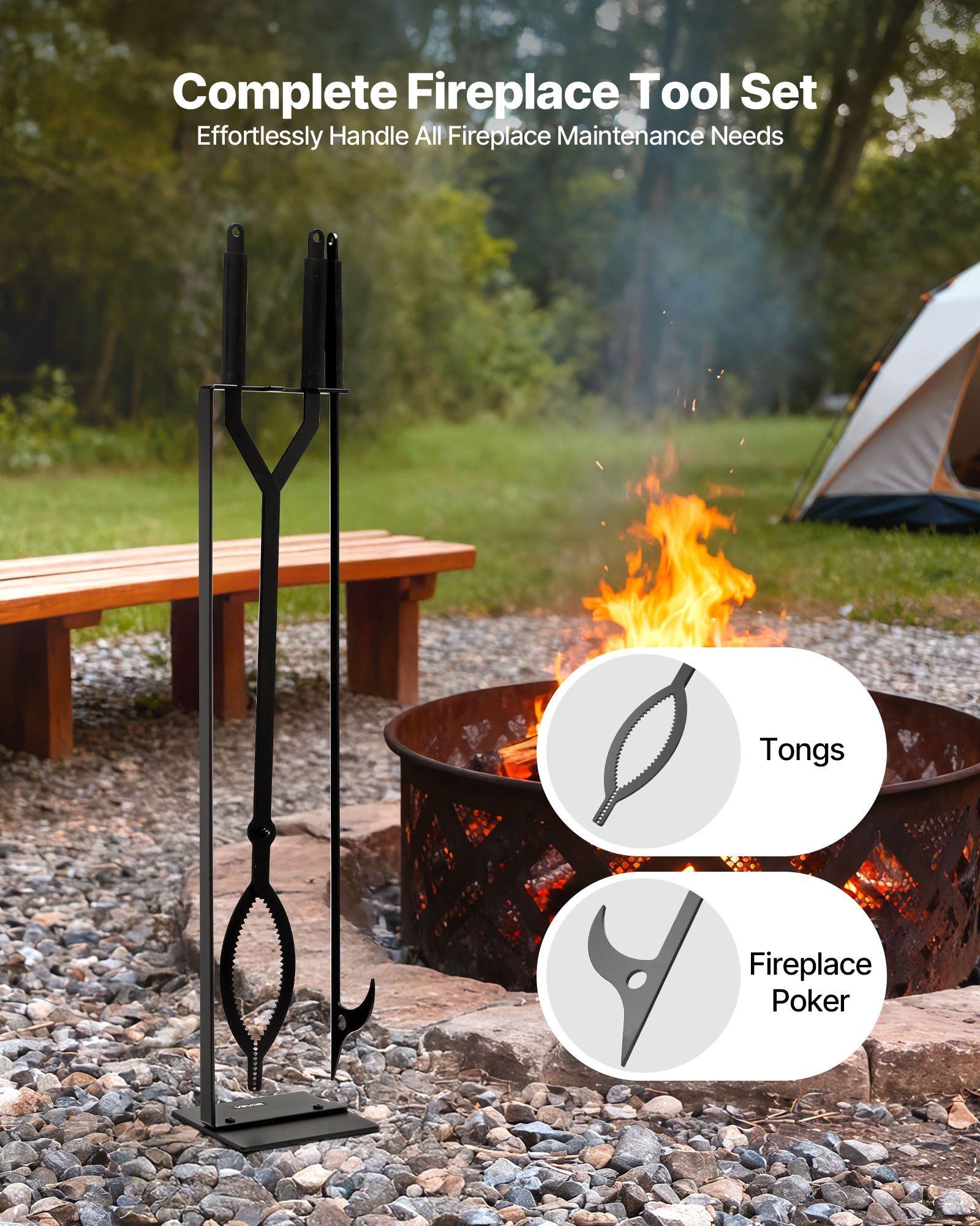 Fireplace Tool Set, 3 PCS Fire Tool Set and Holder with Stand, Tongs, Fire Place Poker, Wrought Iron Fireplace Accessories for Campfire Backyard Bonfire Indoor/Outdoor, Black 2 Fireplace Tool Set, 3 PCS Fire Tool Set and Holder with Stand, Tongs, Fire Place Poker, Wrought Iron Fireplace Accessories for Campfire Backyard Bonfire Indoor/Outdoor, Black - Image 2