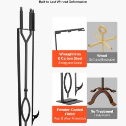 Fireplace Tool Set, 3 PCS Fire Tool Set and Holder with Stand, Tongs, Fire Place Poker, Wrought Iron Fireplace Accessories for Campfire Backyard Bonfire Indoor/Outdoor, Black 13 V952 BLGJTJ3JTCXGS1KU6001V0 02