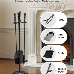 Alternative view of Fireplace Tool Set, 4 PCS Fire Tool Set and Holder with Three-Prong Stand, Ash Shovel, Brush, Fire Place Poker, Wrought Iron Fireplace Accessories for Campfire Indoor/Outdoor, Black