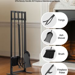 Alternative view of Fireplace Tool Set, 5 PCS Fire Tool Set and Holder with Square-Frame Stand, Tongs, Ash Shovel, Brush, Fire Place Poker, Wrought Iron Steel Fireplace Accessories for Indoor/Outdoor, Black