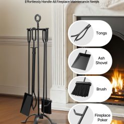 Alternative view of Fireplace Tool Set, 5 PCS Fire Tool Set and Holder with Four-Prong Stand, Tongs, Ash Shovel, Brush, Fire Place Poker, Wrought Iron Fireplace Accessories for Campfire Indoor/Outdoor, Black