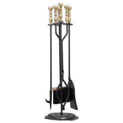 Fireplace Tool Set, 5-Piece with Stand, Black and Brass