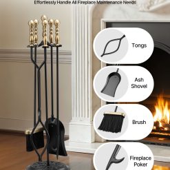 Alternative view of Fireplace Tool Set, 5-Piece with Stand, Black and Brass