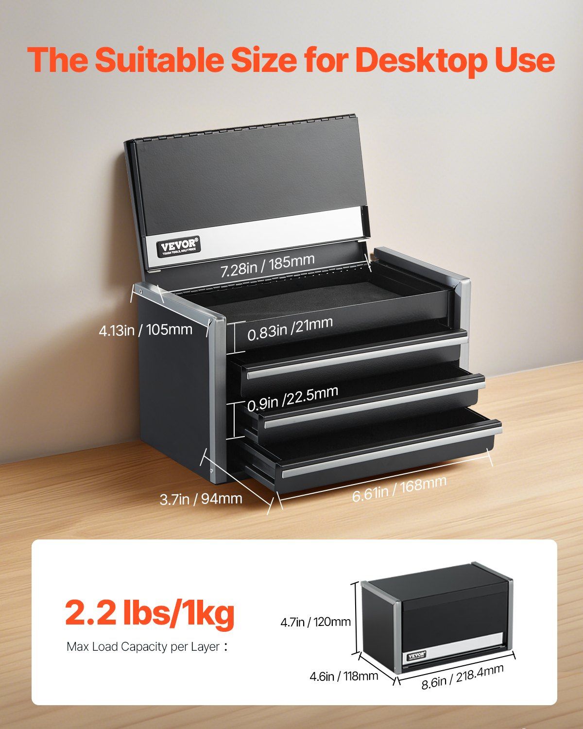 Metal tool box with 3 drawers, 8.6 inch 2 Metal tool box with 3 drawers, 8.6 inch - Image 2