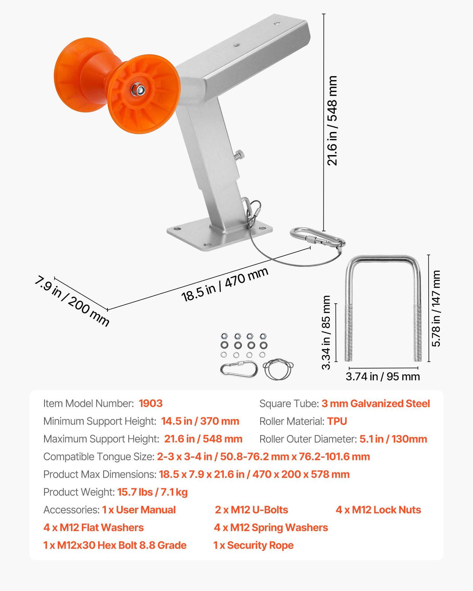 Boat Trailer Winch Stand with Roller, Adjustable 365-548 mm 7 Boat Trailer Winch Stand with Roller, Adjustable 365-548 mm - Image 7