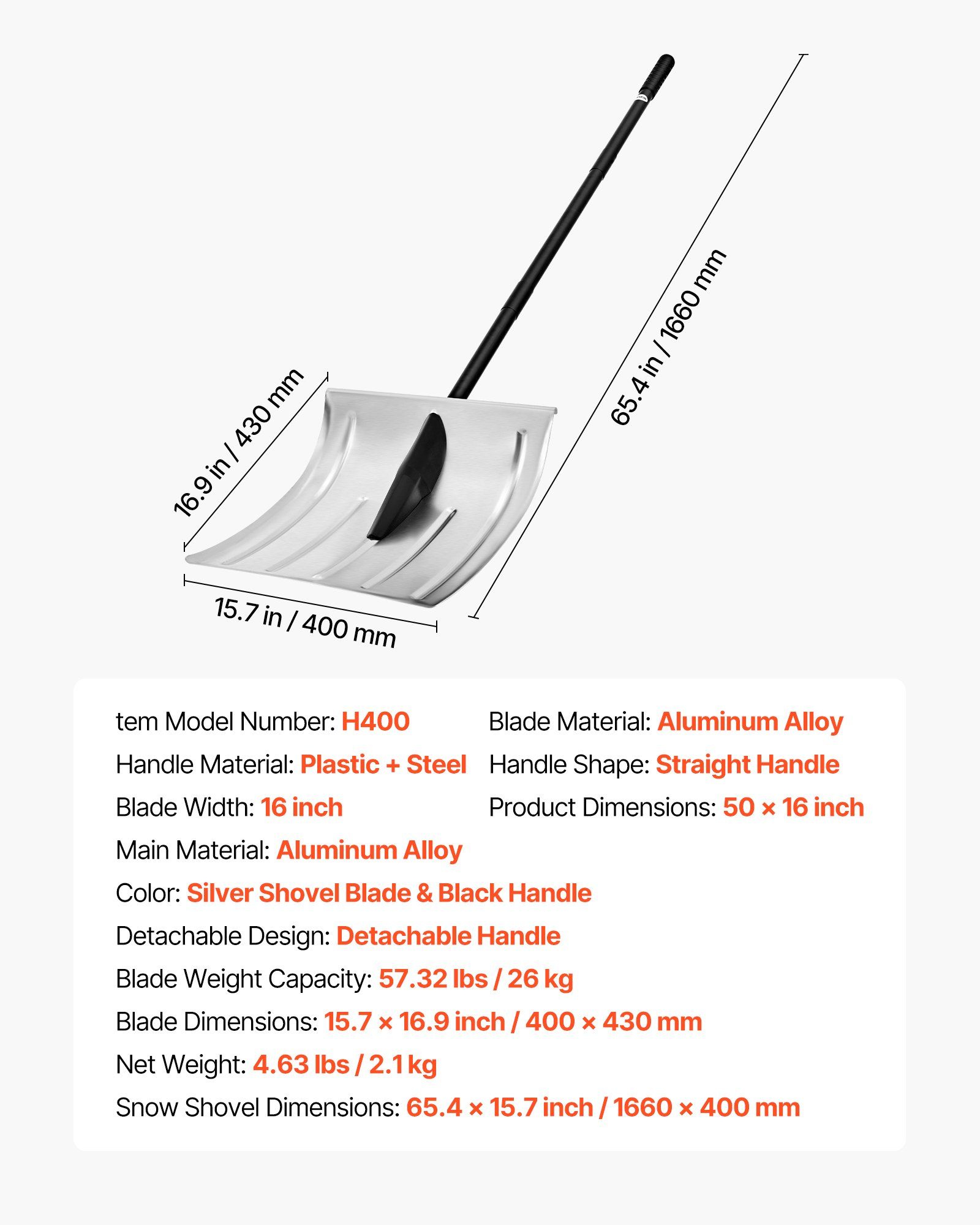 Snow Shovel for Driveway, 40cm Wide Aluminum Alloy Snow Shovel, Non Slip Grip, Large Capacity Snowplow Shovels, Detachable & Lightweight Snows Removal Tool for Garden Car Camping Outdoors 7 Snow Shovel for Driveway, 40cm Wide Aluminum Alloy Snow Shovel, Non Slip Grip, Large Capacity Snowplow Shovels, Detachable & Lightweight Snows Removal Tool for Garden Car Camping Outdoors - Image 7