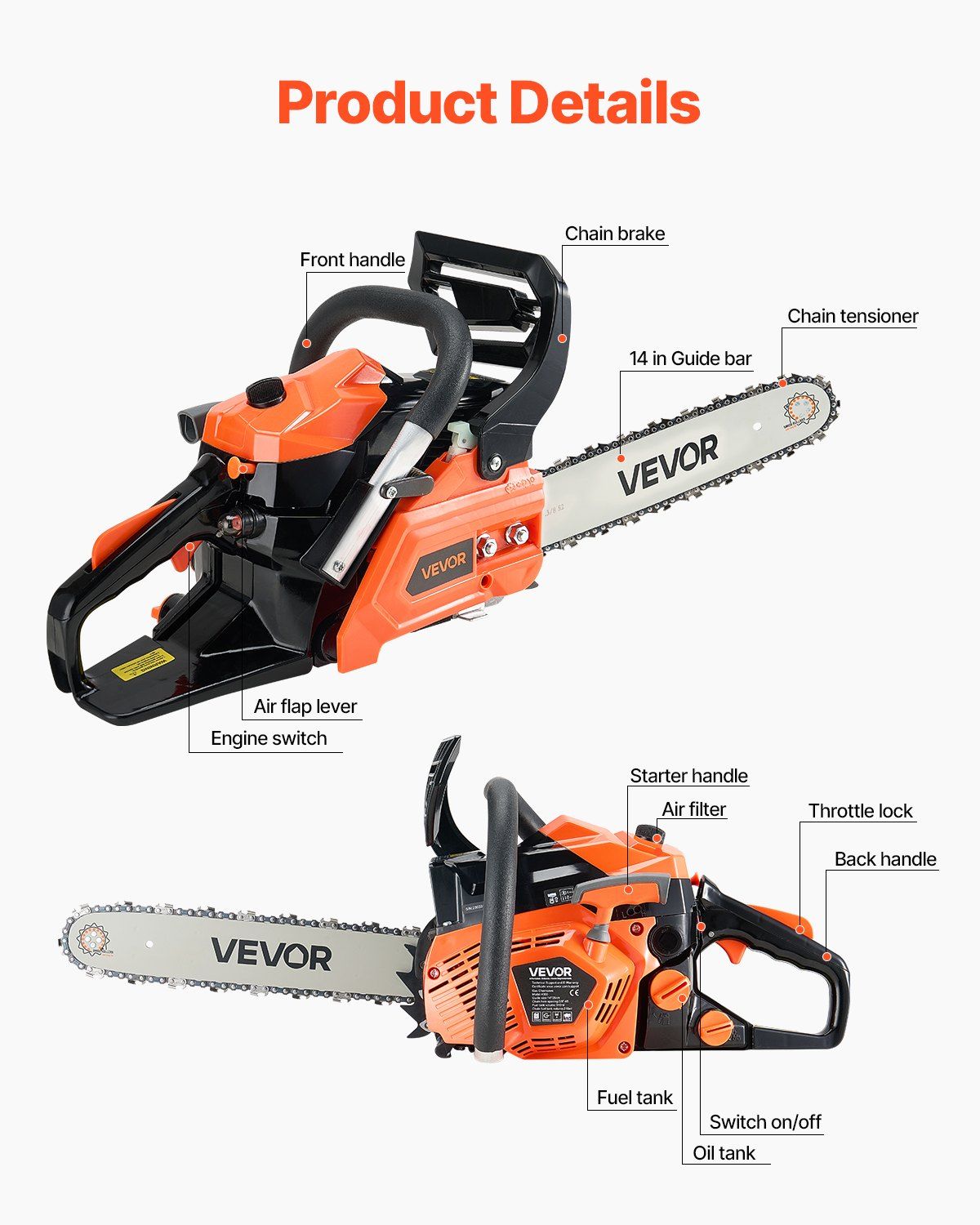 40 cc Gas Chainsaw, 355 mm Gas Powered Chainsaw, 1.3 kW Power Chain Saw with Non-Slip Handle, Gas-Powered Chainsaws with Dual Fuel Tanks, For Wood Cutting, Tree Trimming, and Land Clearing 3 40 cc Gas Chainsaw, 355 mm Gas Powered Chainsaw, 1.3 kW Power Chain Saw with Non-Slip Handle, Gas-Powered Chainsaws with Dual Fuel Tanks, For Wood Cutting, Tree Trimming, and Land Clearing - Image 3