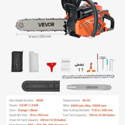 40 cc Gas Chainsaw, 355 mm Gas Powered Chainsaw, 1.3 kW Power Chain Saw with Non-Slip Handle, Gas-Powered Chainsaws with Dual Fuel Tanks, For Wood Cutting, Tree Trimming, and Land Clearing 17 V952 RQLJ14INCHEC4M9U6001V0 06