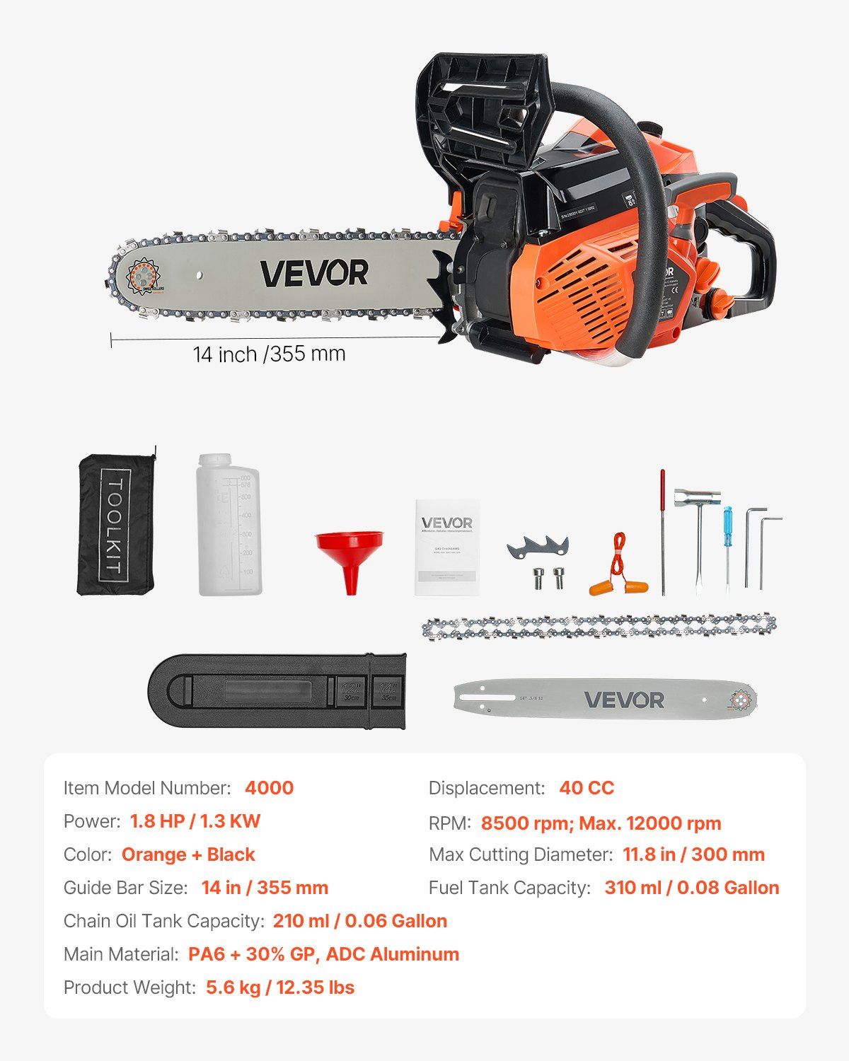 40 cc Gas Chainsaw, 355 mm Gas Powered Chainsaw, 1.3 kW Power Chain Saw with Non-Slip Handle, Gas-Powered Chainsaws with Dual Fuel Tanks, For Wood Cutting, Tree Trimming, and Land Clearing 7 40 cc Gas Chainsaw, 355 mm Gas Powered Chainsaw, 1.3 kW Power Chain Saw with Non-Slip Handle, Gas-Powered Chainsaws with Dual Fuel Tanks, For Wood Cutting, Tree Trimming, and Land Clearing - Image 7
